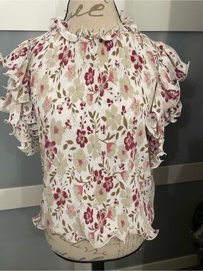 Versona White Floral Ruffle Sleeve Blouse with Pink & Tan Print